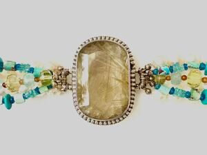 Golden Rutile Quartz Bracelet Sterling Silver Pearl Turquoise Toggle Closure